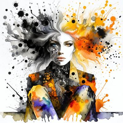 The primary subject of the image is a woman with blonde hair, wearing a black and yellow jacket. She is sitting and looking at the camera. The setting is a white background, and the visual style is a combination of digital art and illustration. The colors in the image are predominantly black, yellow, and orange, creating a bold and vibrant atmosphere.